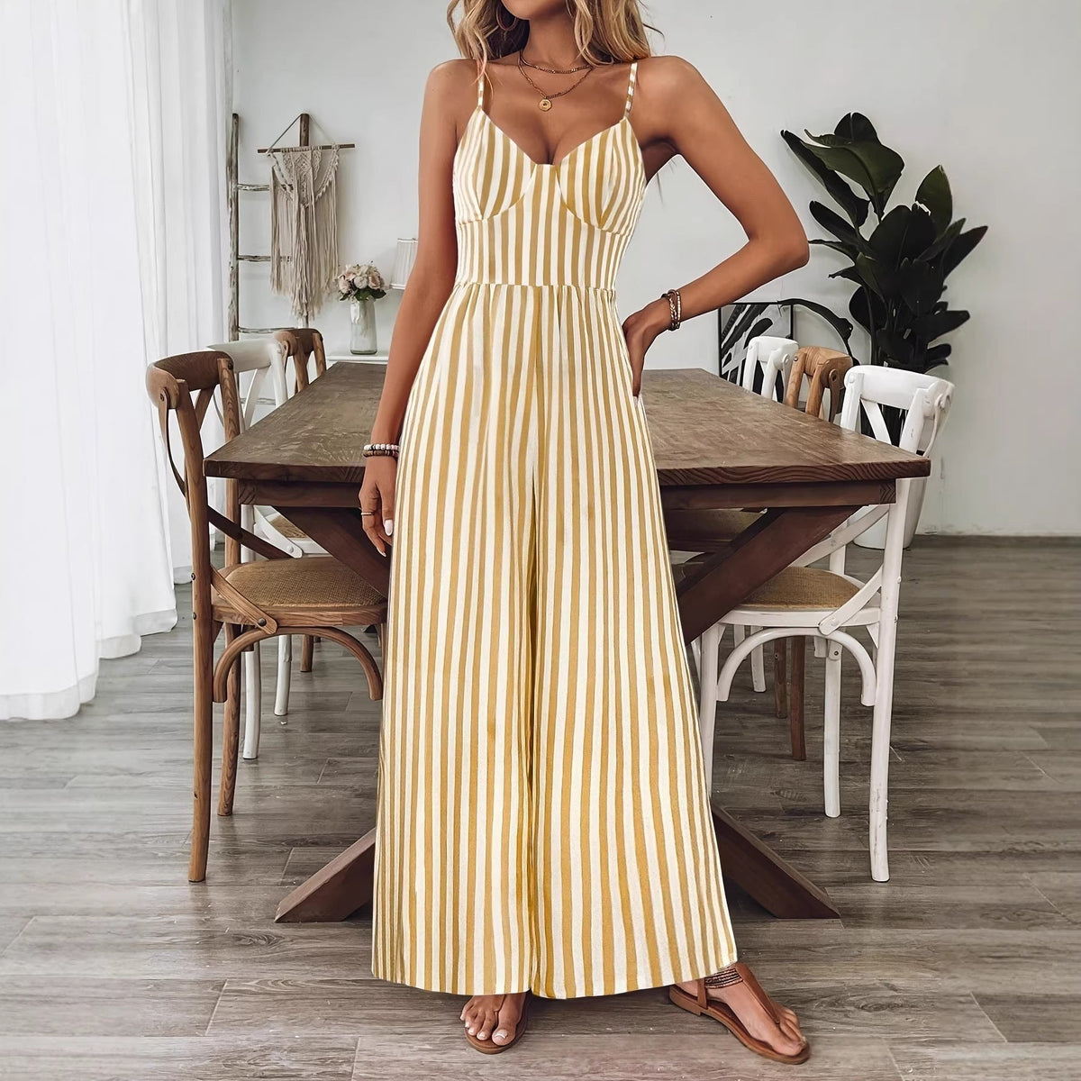 Printed Backless Sleeveless Strap Jumpsuit | Ginger Yellow