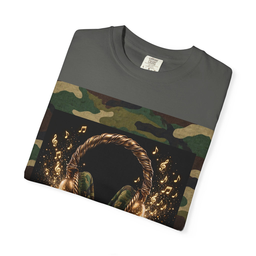 Camo Headphones Tee — Gold Spark DJ Music Graphic T-Shirt