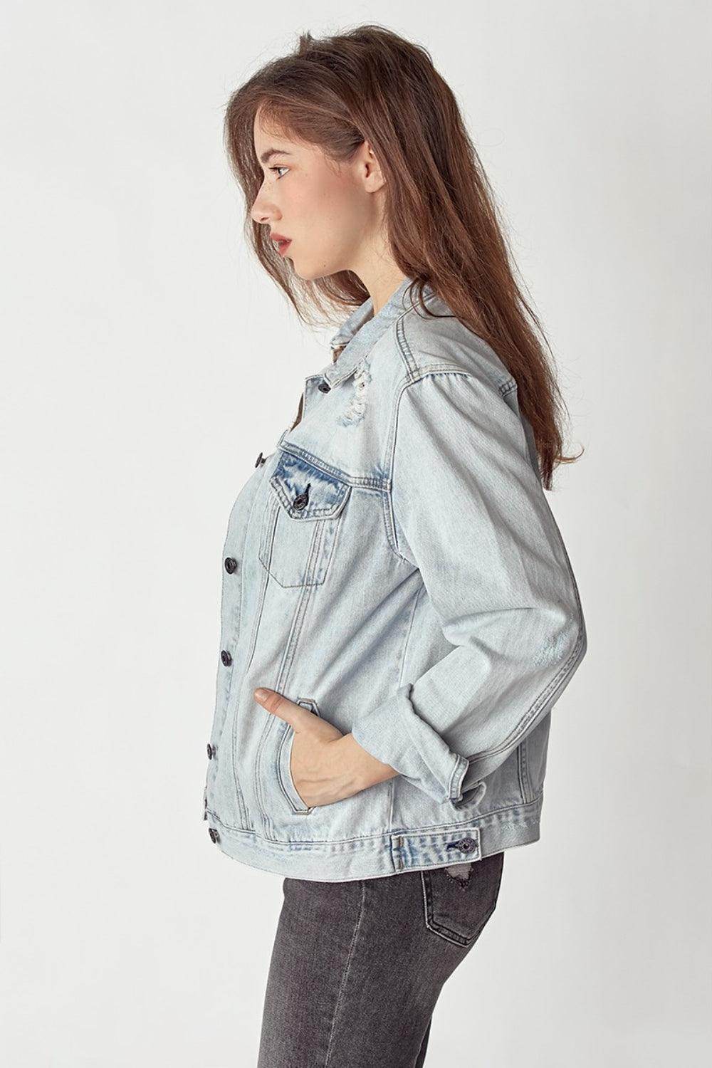 RISEN Distressed Button Up Jacket for Edgy Style