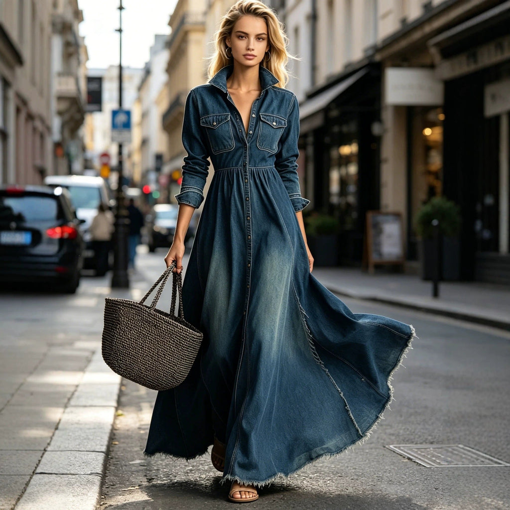 Women's Dark Blue Denim Shirt Collar Button-Down High Waist Maxi Dress