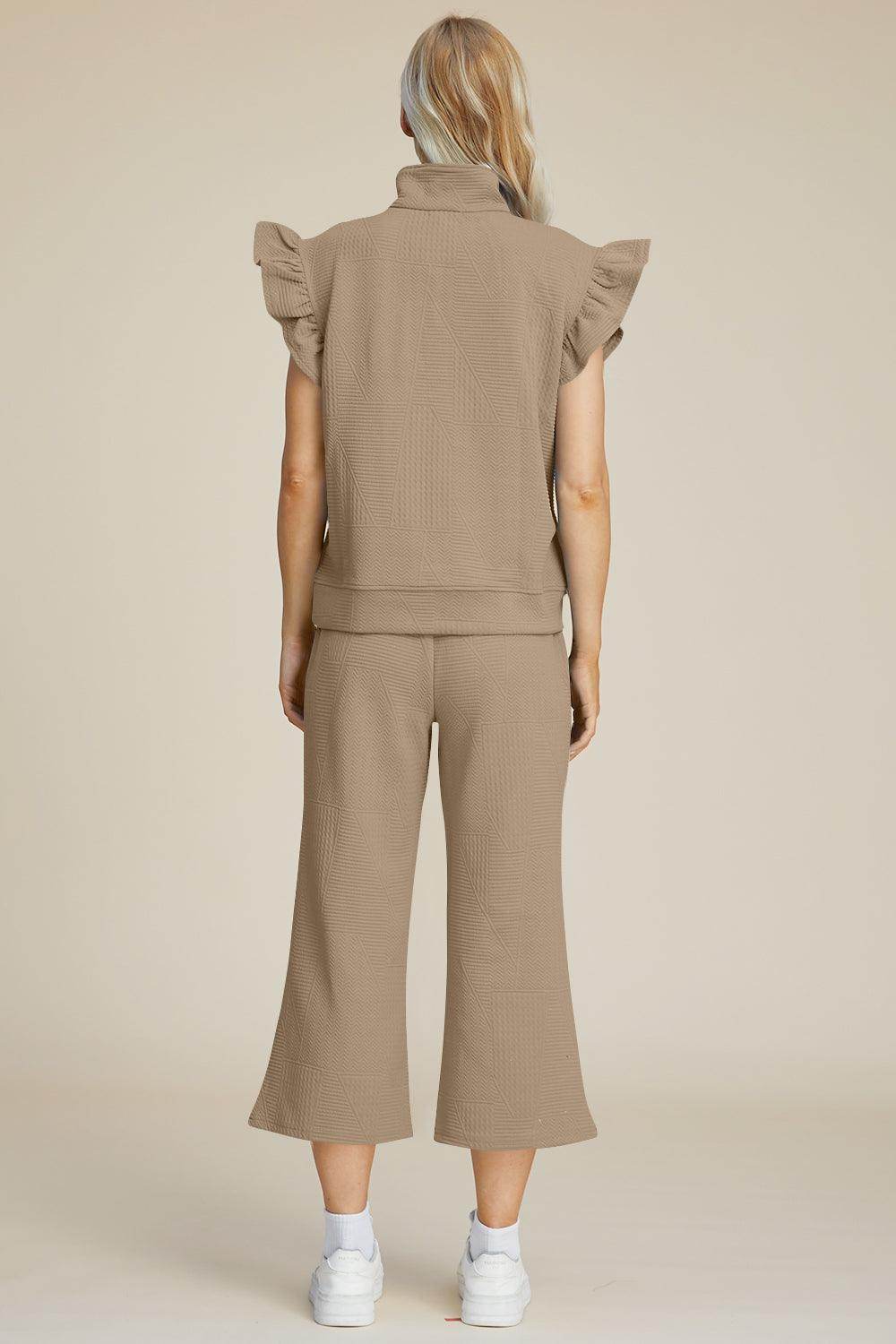 Double Take Full Size Texture Ruffle Top and Pants Set