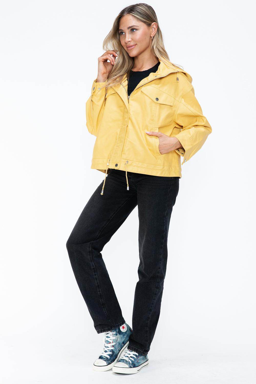 How Dare U Drawstring Hem PU Leather Zip Up Jacket for Women