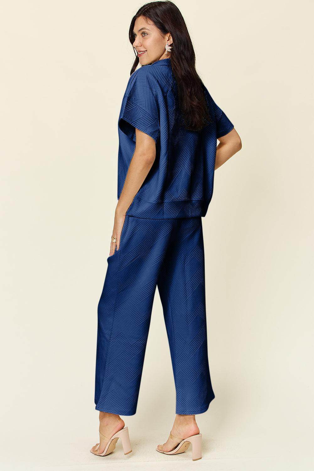 Double Take Full Size Texture Half Zip Short Sleeve Top Set