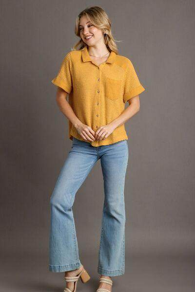 Umgee Full Size Waffle-Knit Short Sleeve Button Down Shirt