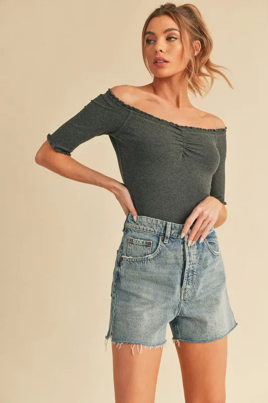 Aemi + Co Ruched Frill Off-Shoulder Half Sleeve Knit Top