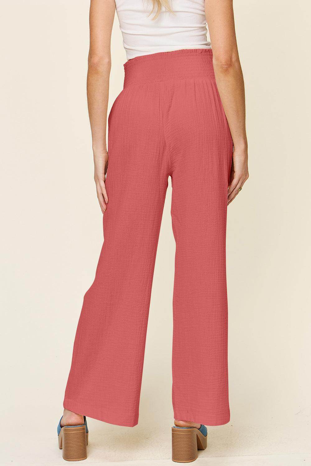 Double Take Full Size Texture Smocked Waist Wide Leg Pants For Women