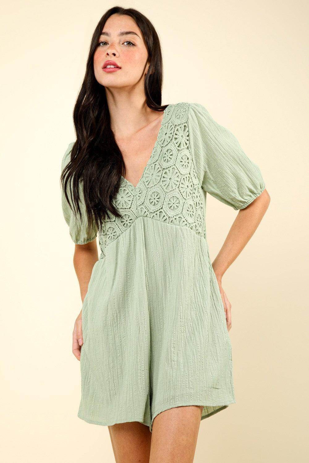 Very J Lace Detail Puff Sleeve Romper with Pockets