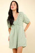 Very J Lace Detail Puff Sleeve Romper with Pockets