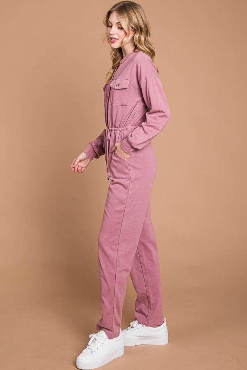 Culture Code Full Size Button Up Drawstring Waist Jumpsuit
