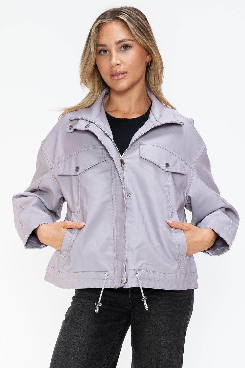 How Dare U Drawstring Hem PU Leather Zip Up Jacket Women