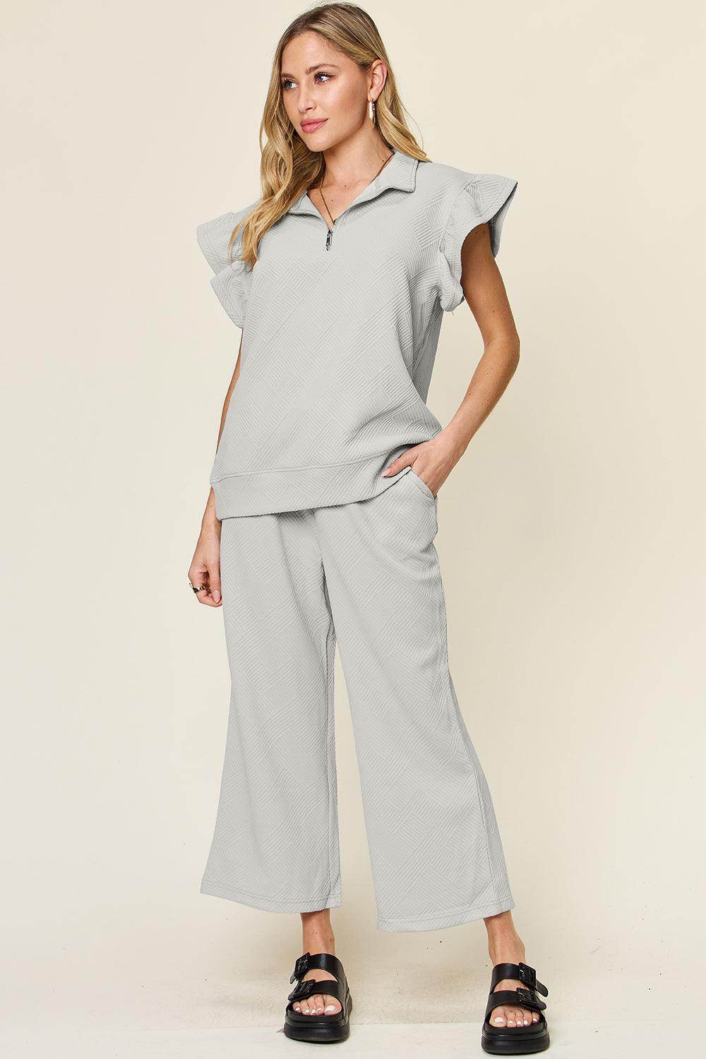 Double Take Texture Ruffle Short Sleeve Top and Pants Set