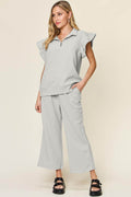 Double Take Texture Ruffle Short Sleeve Top and Pants Set