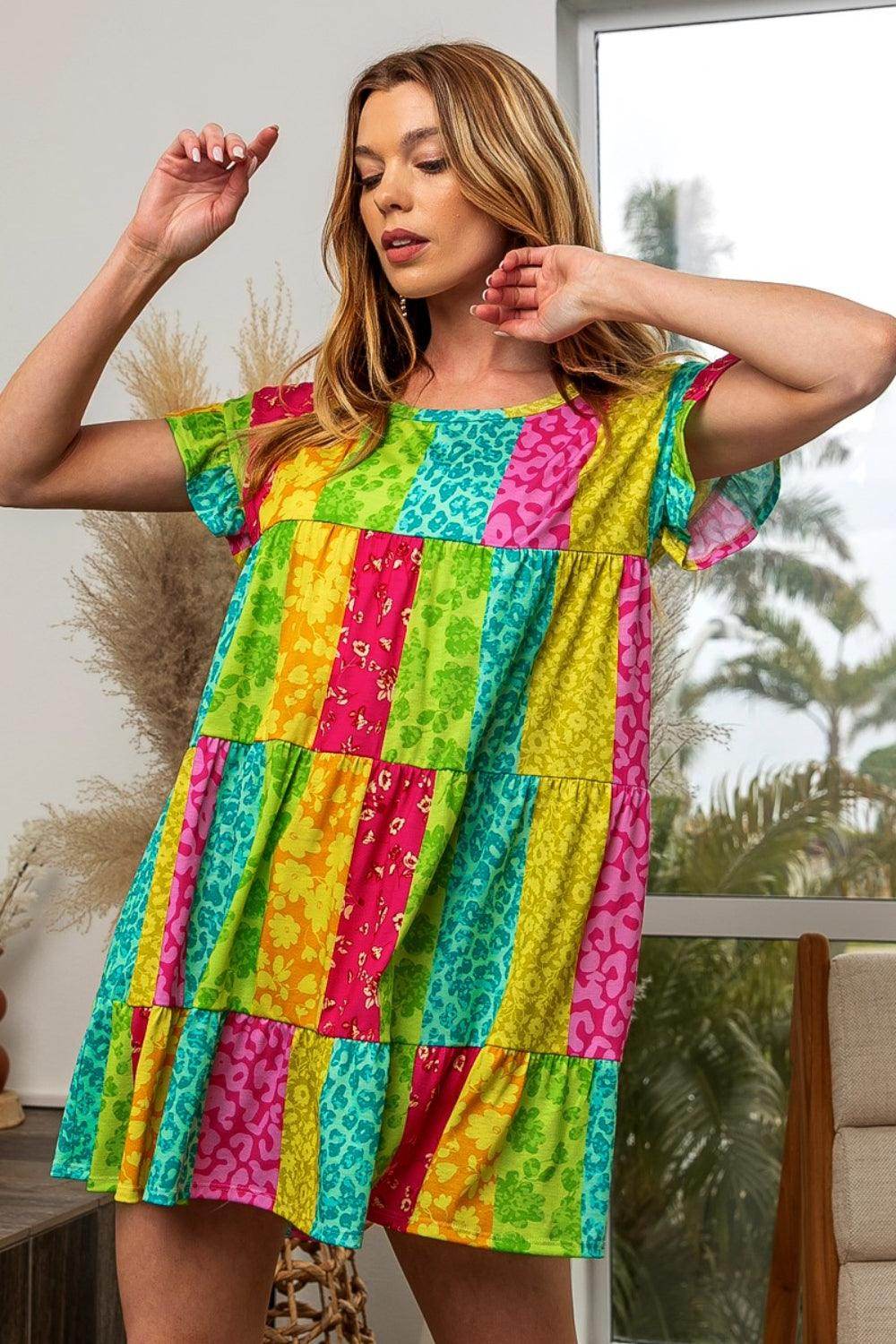BiBi Leopard Short Sleeve Tiered Dress for Trendy Style