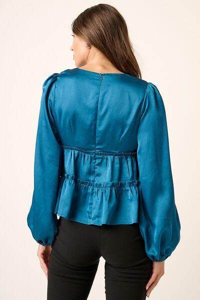Mittoshop Satin V Neck Ruffled Tier Blouse for Women
