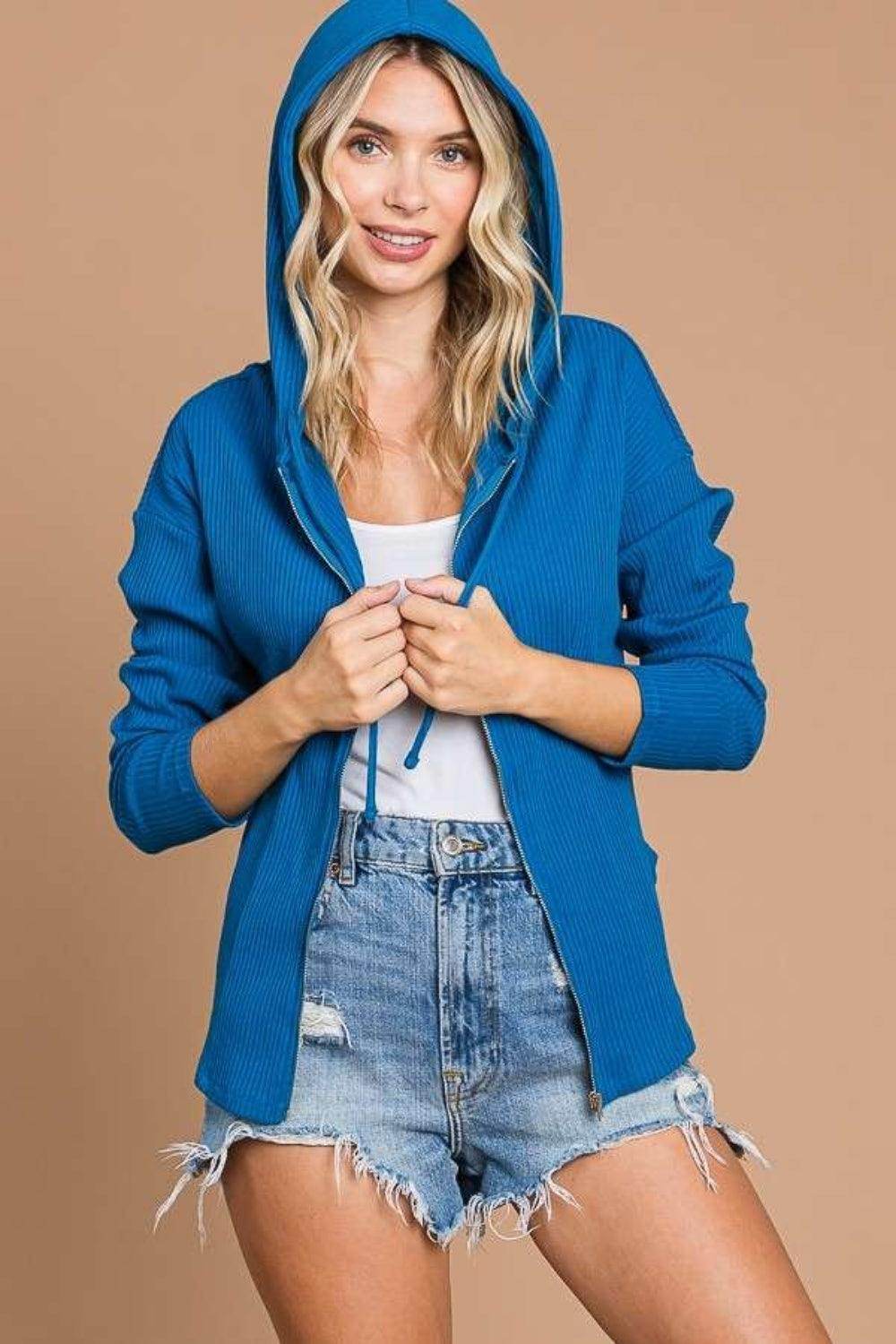 Culture Code Full Size Ribbed Zip Up Hooded Jacket