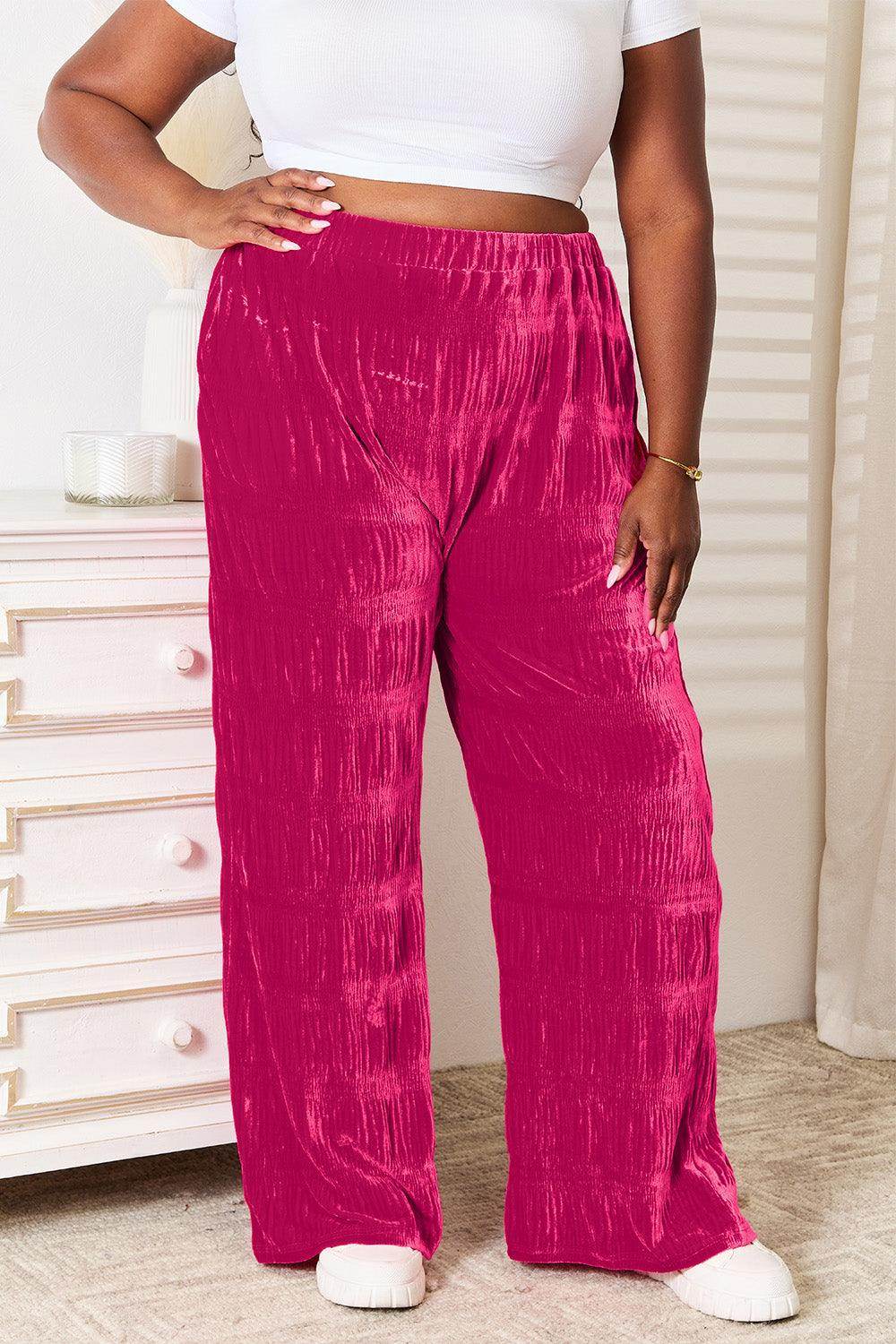 Double Take Full Size High Waist Tiered Shirring Velvet Pants