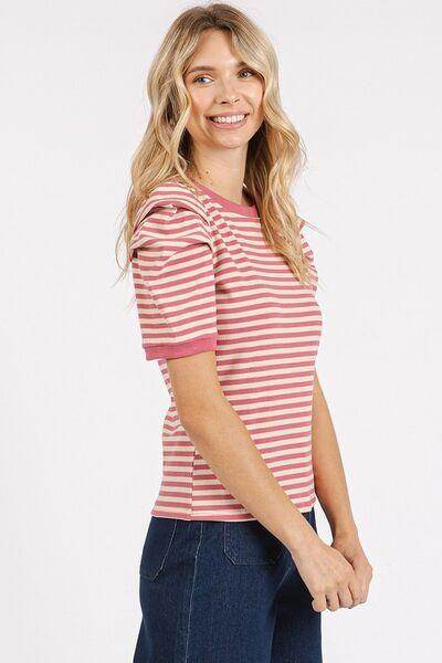 Mittoshop Striped Round Neck Puff Sleeve T-Shirt for Women