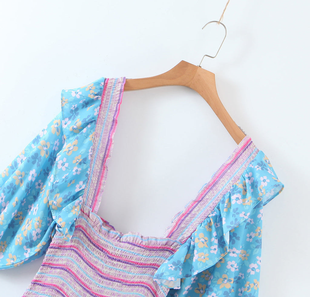Early Spring Women Clothing Square Collar Ruffled Design Printed Dress for Women Smocked Patchwork Macthing