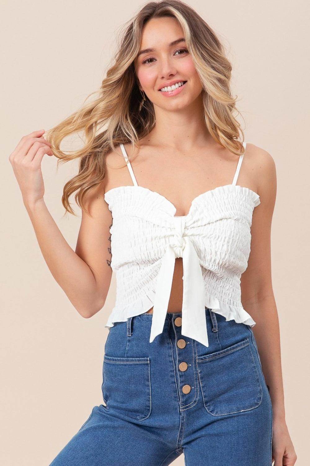 BiBi Ruffled Smocked Ribbon Detail Cami for Women