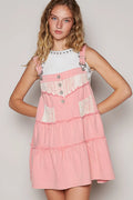 POL Lace Patchwork Detail Denim  luxury Dress