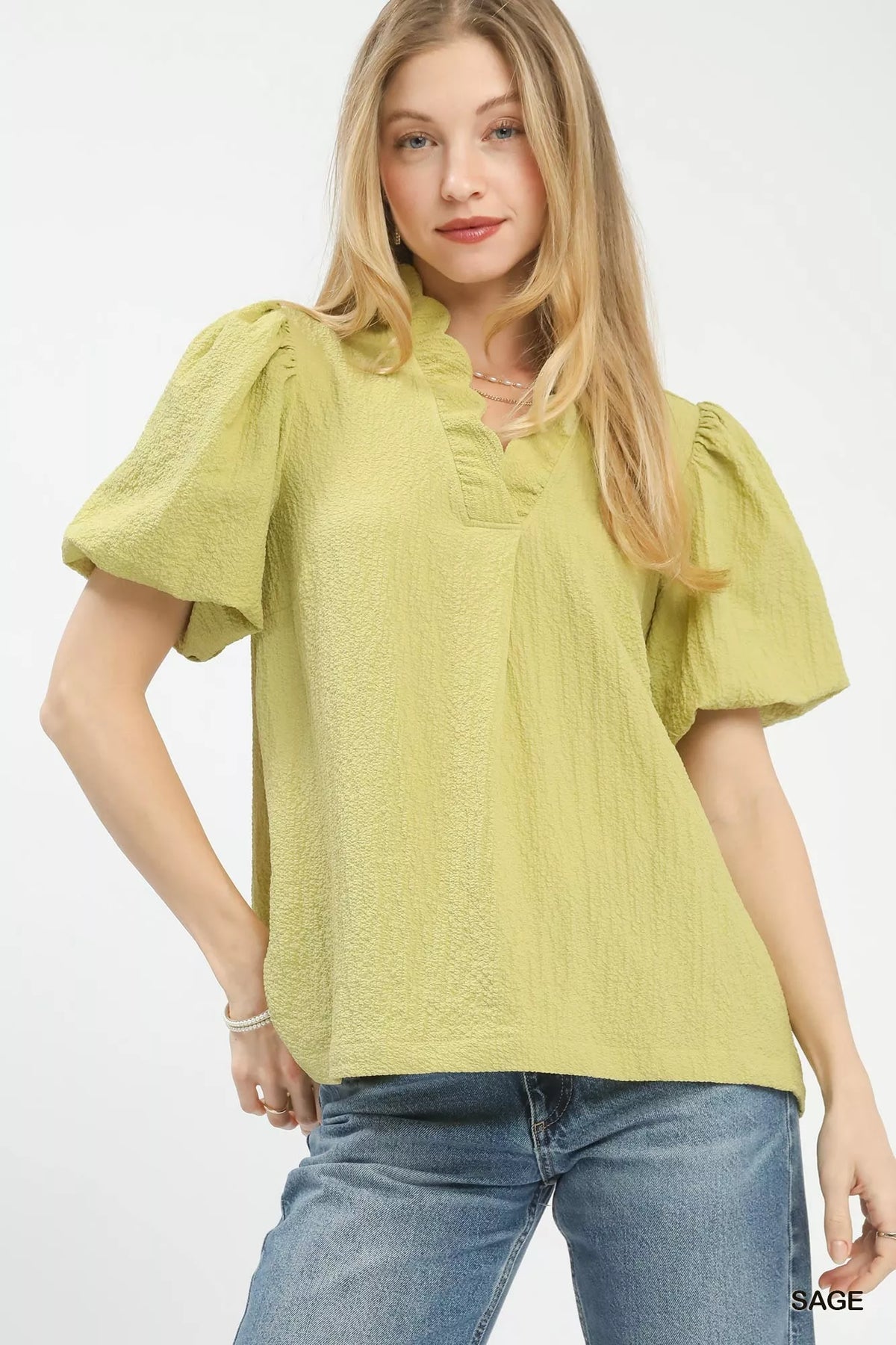 Umgee Seersucker Puff Sleeve Blouse