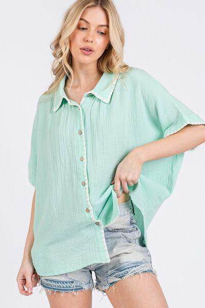 SAGE+FIG Boho Contrast Zigzag Trim Button-Up Shirt