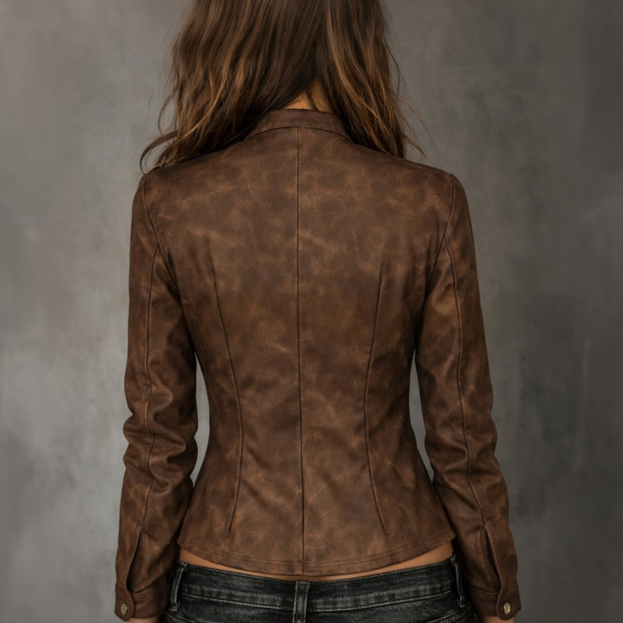 Women's Brown Retro Washed-Look Slim-Fit Short Jacket
