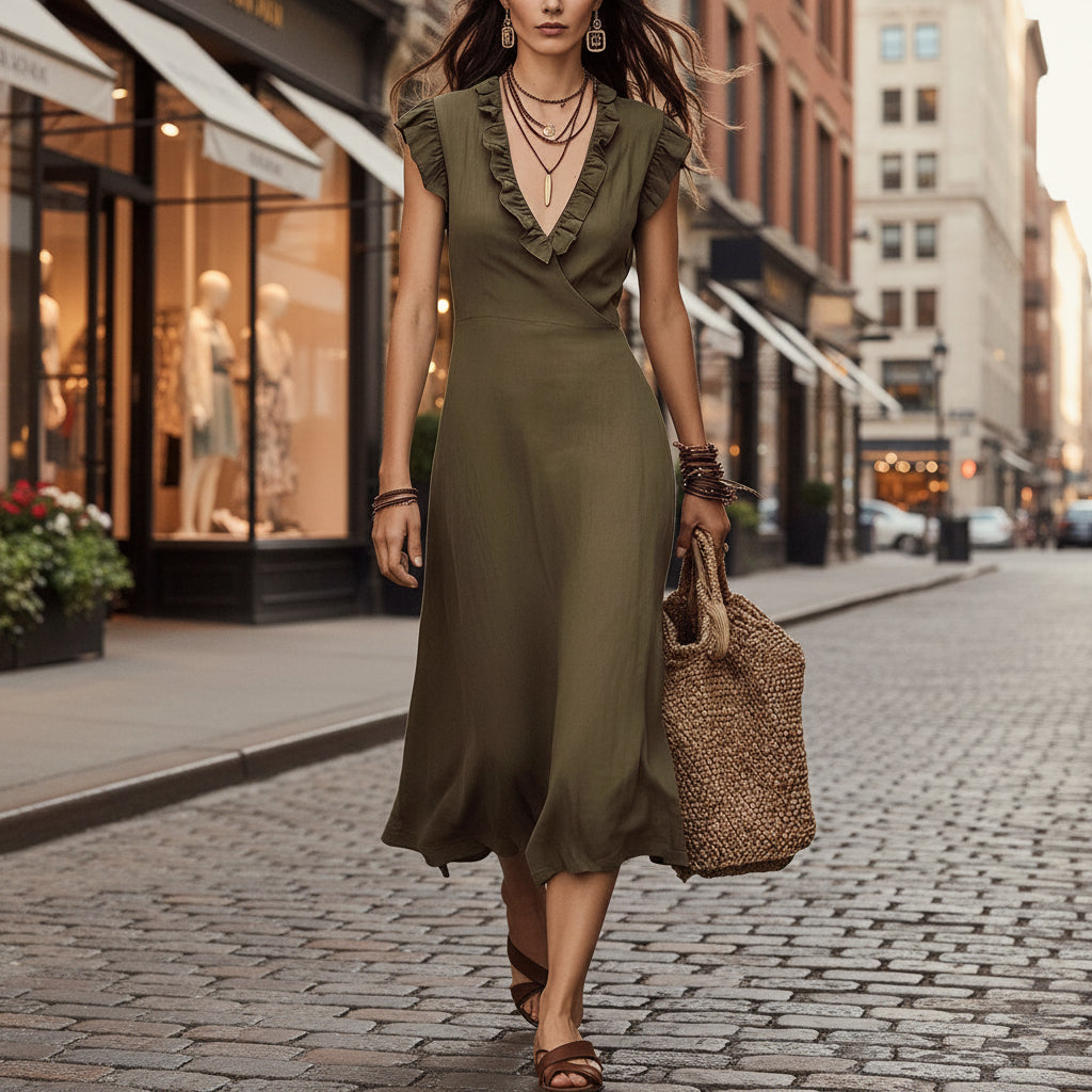 Women's V-Neck Flutter-Sleeve Ruffle-Trim Midi Dress