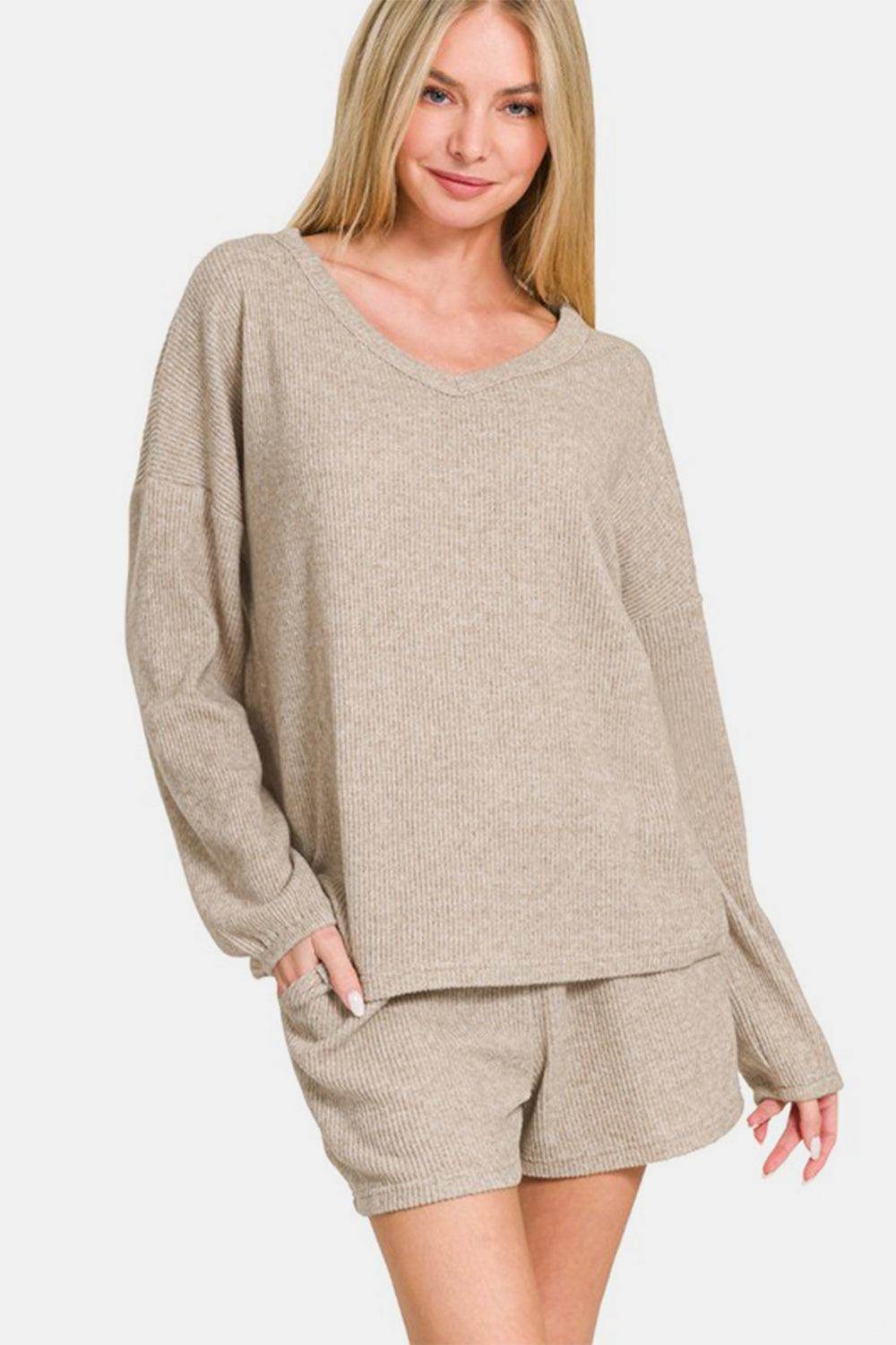 Zenana V-Neck Long Sleeve Ribbed Top and Shorts Set Outfit