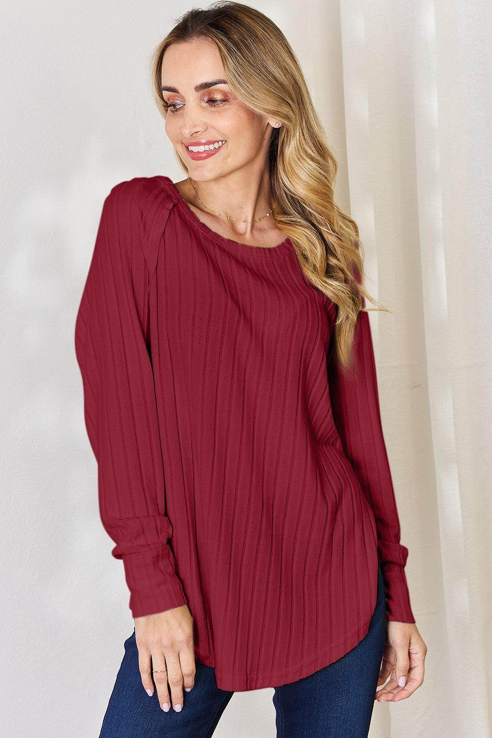 Basic Bae Full Size Ribbed Round Neck Slit T-Shirt for Women