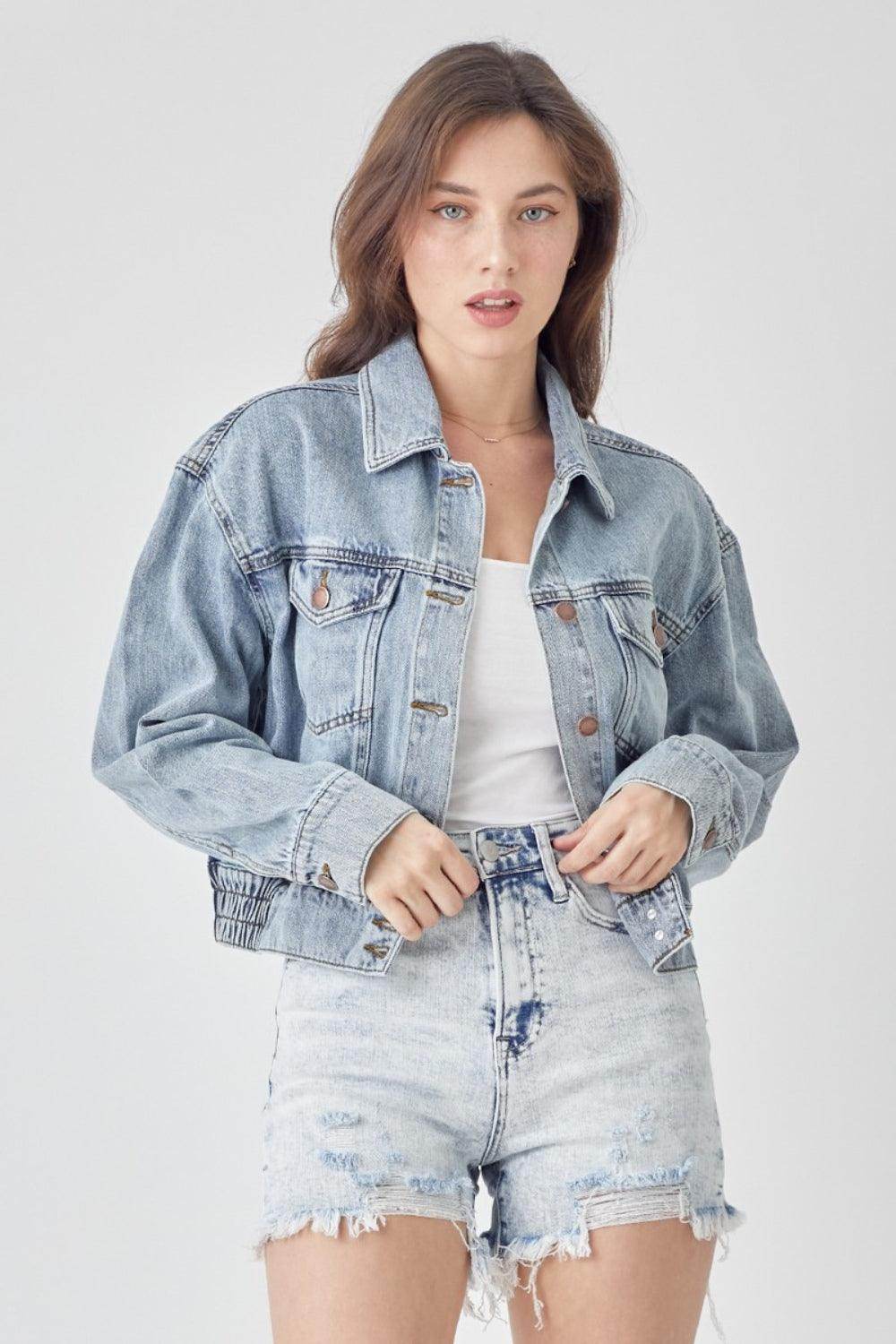 RISEN Full Size Button Down Cropped Denim Jacket for Women