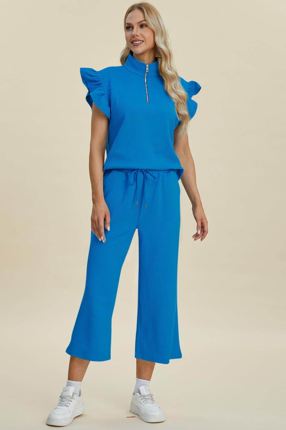 Double Take Full Size Texture Ruffle Top and Pants Set