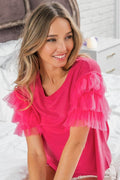 BiBi Ruffle Mesh Lace Layered Short Sleeve Top for Women