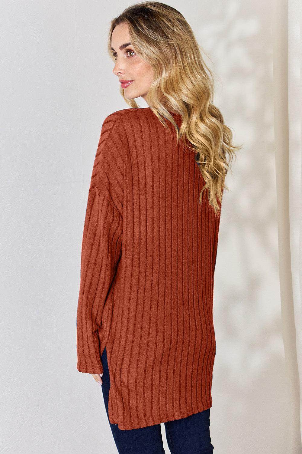 Basic Bae Full Size Ribbed Half Button Long Sleeve T-Shirt