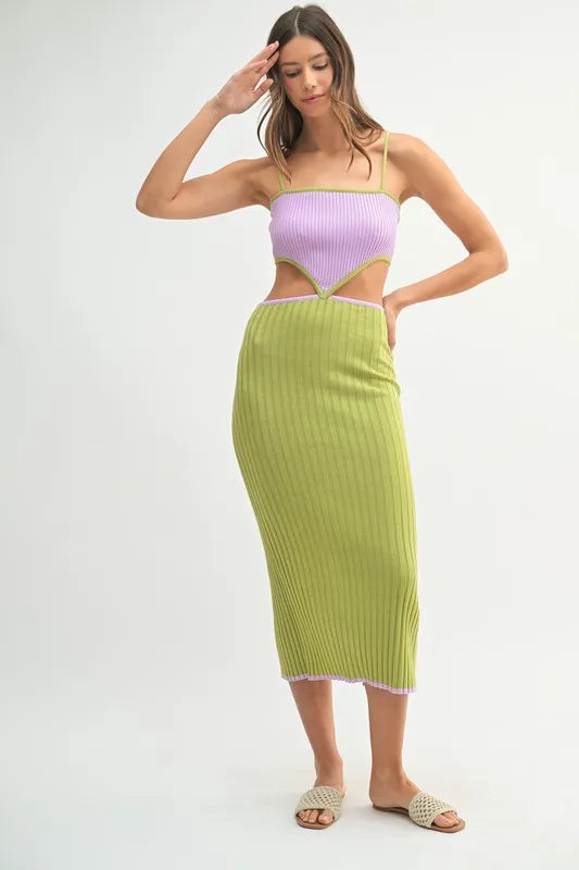 MABLE Ribbed Knit Color Block Cutout Midi Dress