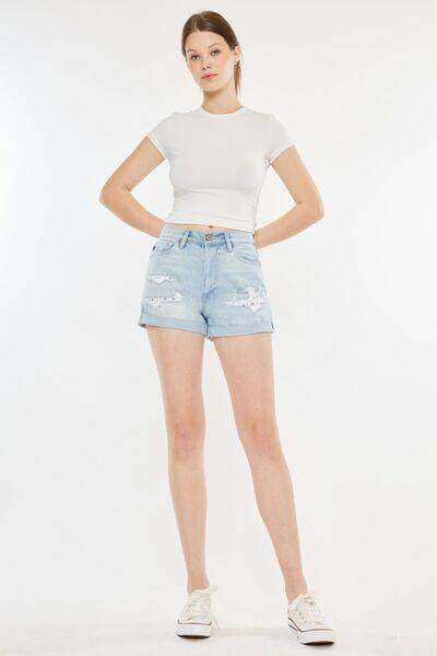 Kancan High Rise Repaired Mom Denim Shorts for Women