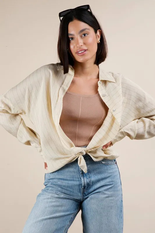 VERY J Full Size Oversized Striped Button Down Shirt Top Plus Size