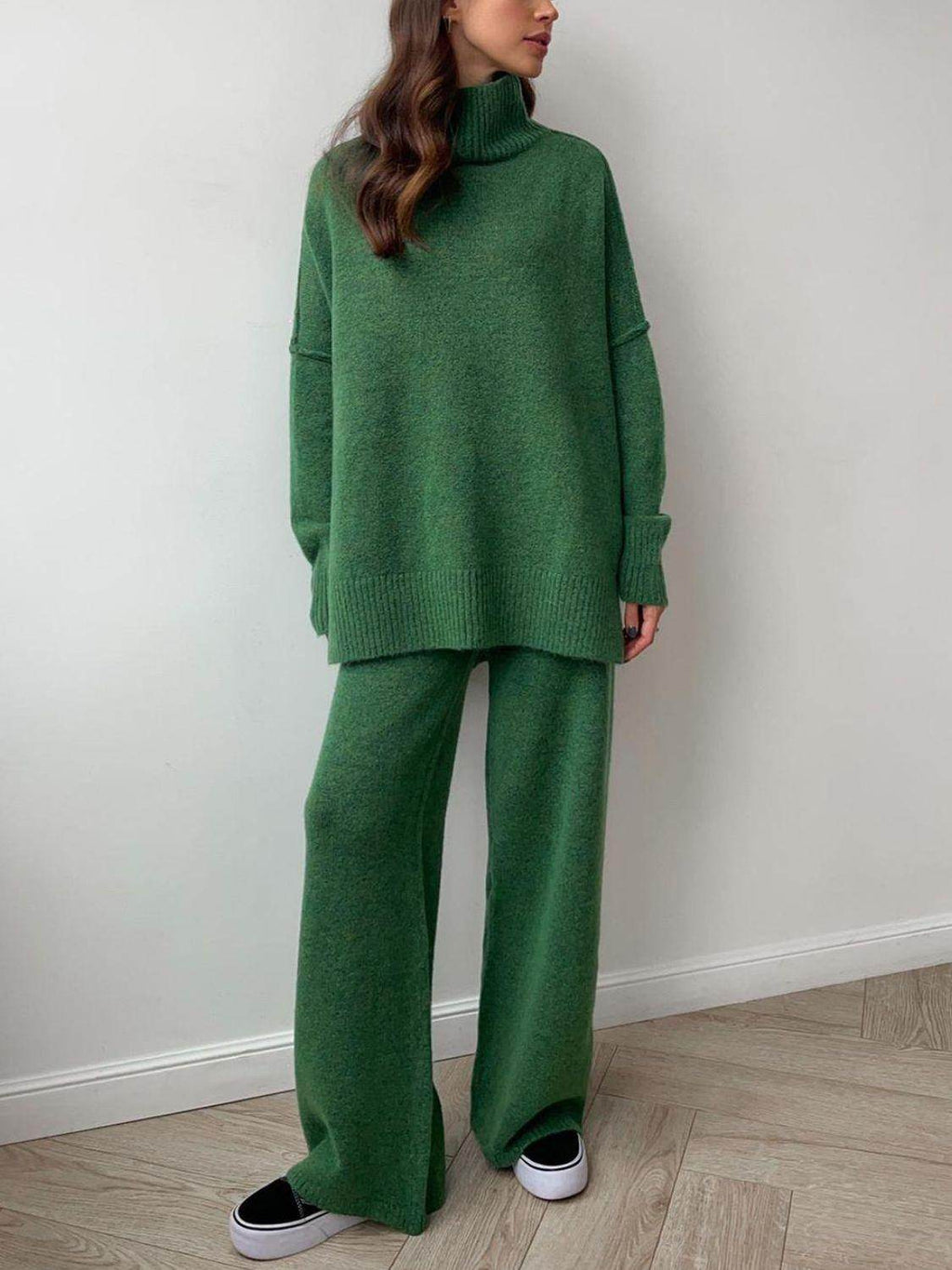 Slit Turtleneck Long Sleeve Top and Pants Sweater Set Outfit