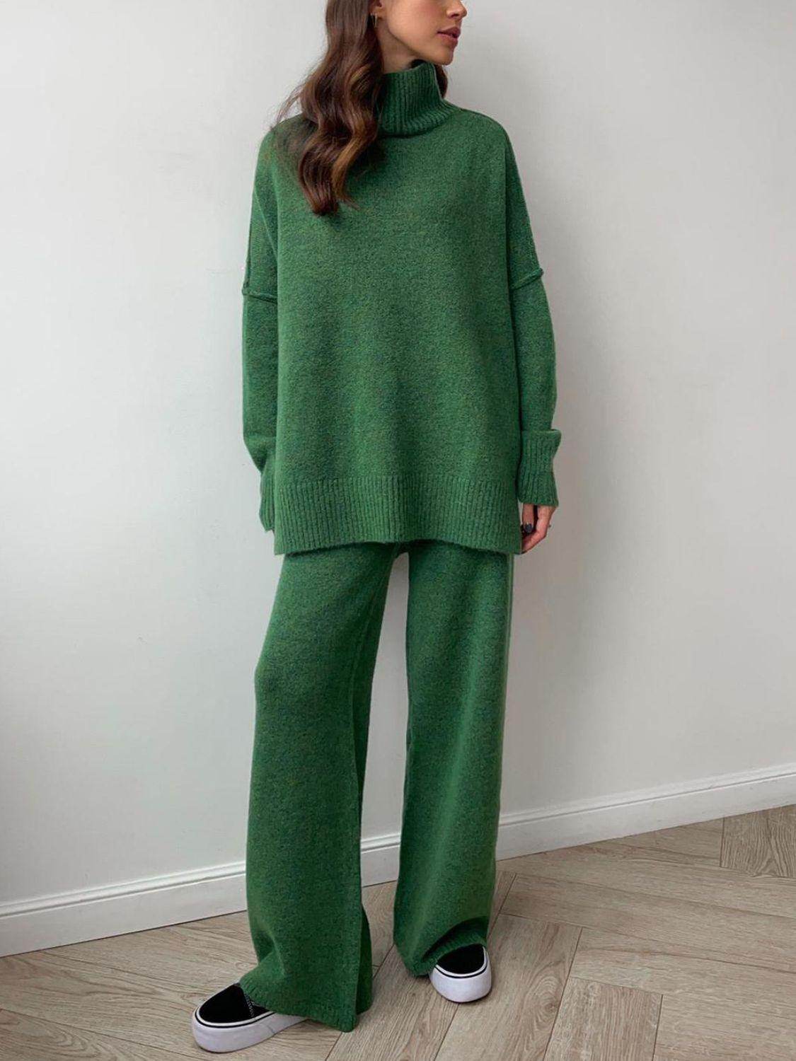 Slit Turtleneck Long Sleeve Top and Pants Sweater Set Outfit