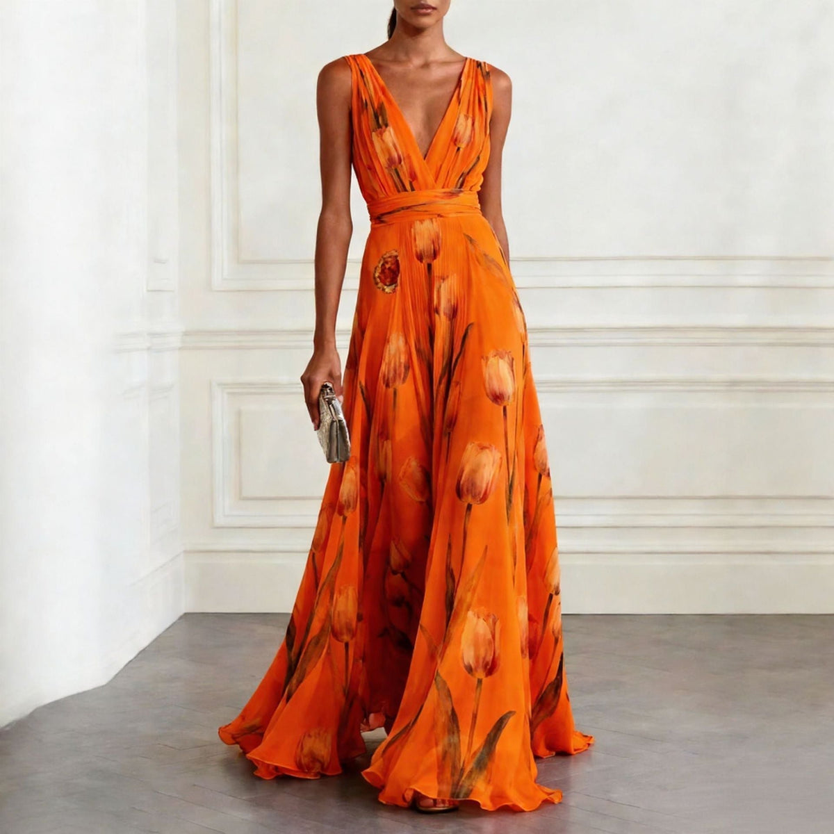 Tulip Print V-Neck Sleeveless Maxi Dress – Floral Chiffon