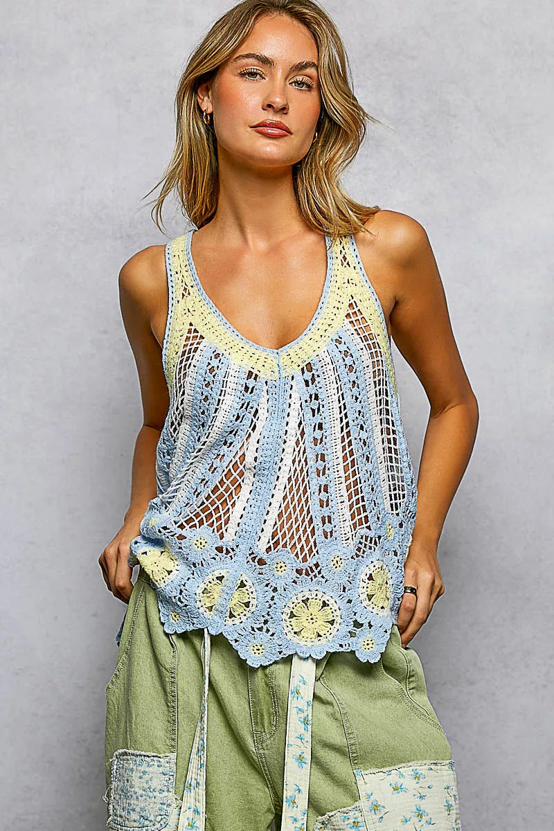 POL Openwork Stripe Pattern Flowy Tank with Scalloped Edge