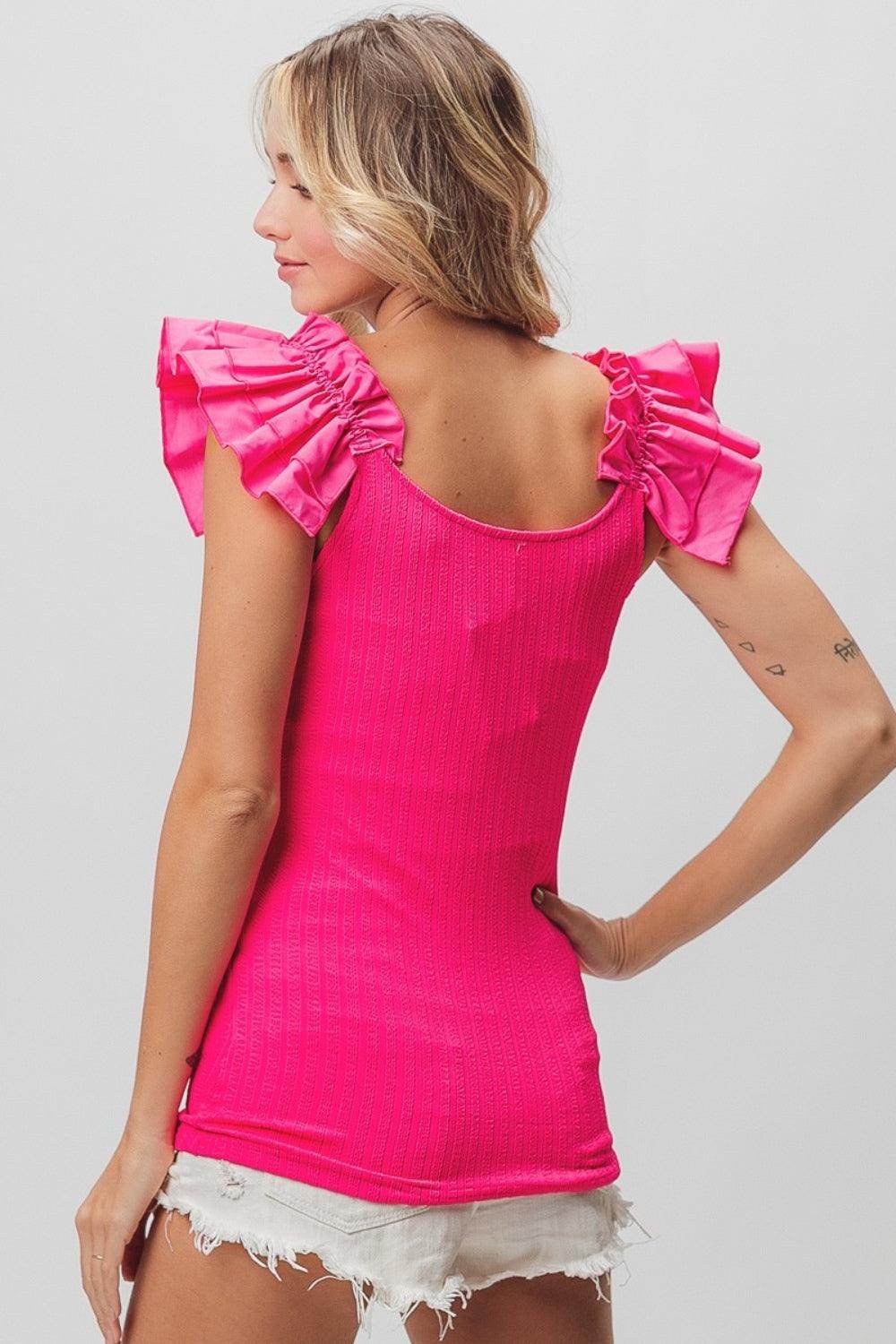 BiBi Ruffled Shoulder Strap Rib Texture Top for Women