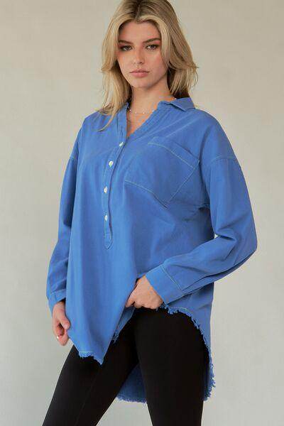 Davi & Dani Letter Back Raw Hem Half Button Shirt Chic