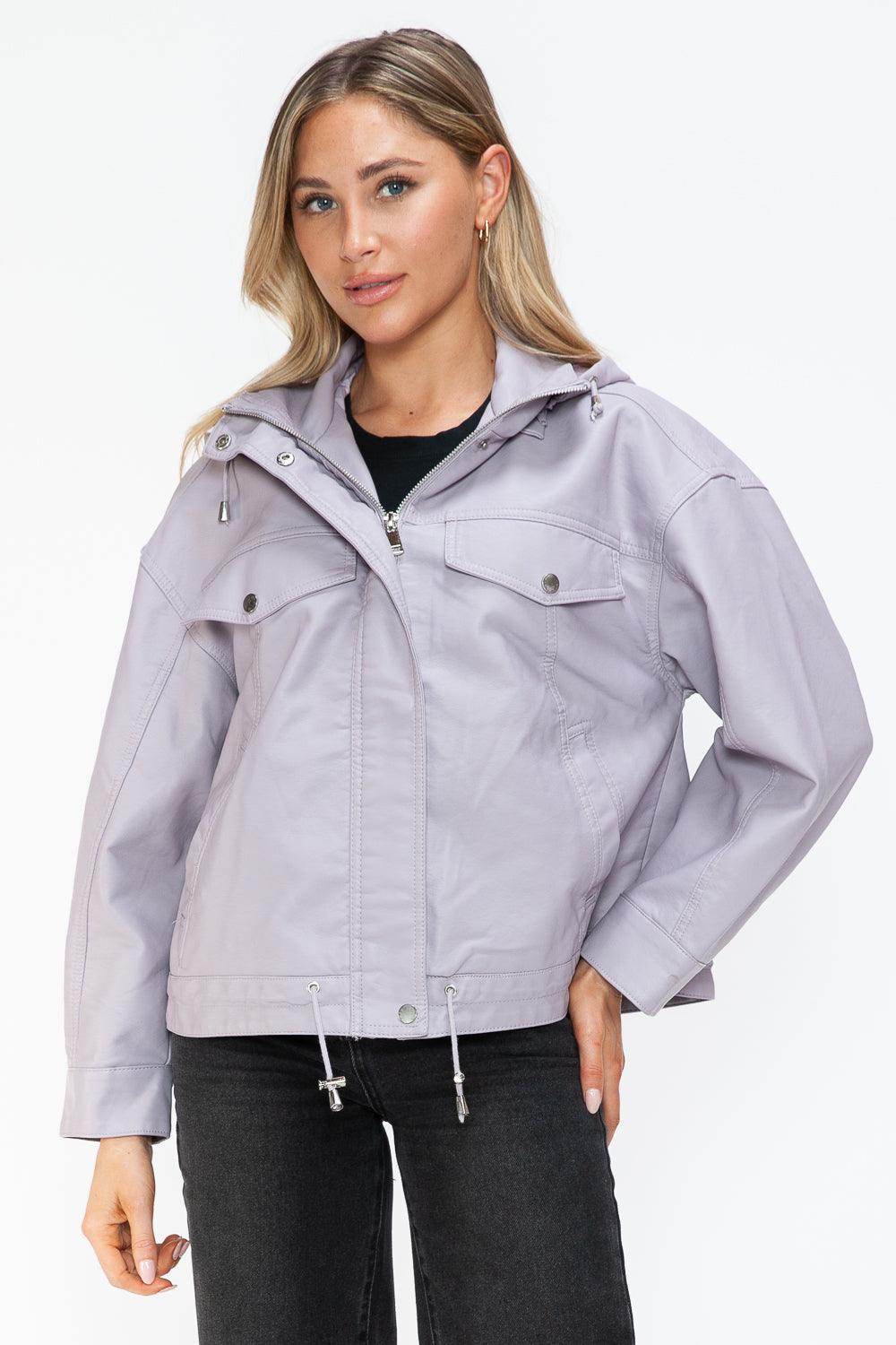 How Dare U Drawstring Hem PU Leather Zip Up Jacket Women