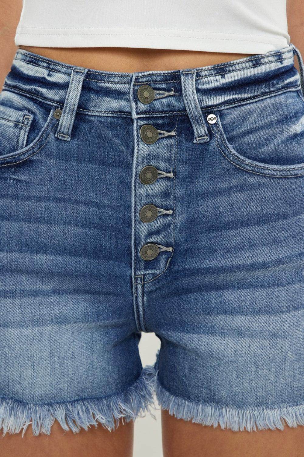 Kancan Button Fly High Rise Raw Hem Denim Shorts for Women