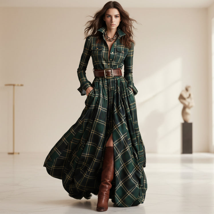 Women's Plus Size Plaid Print Long Sleeve Shirt Dress with Pockets