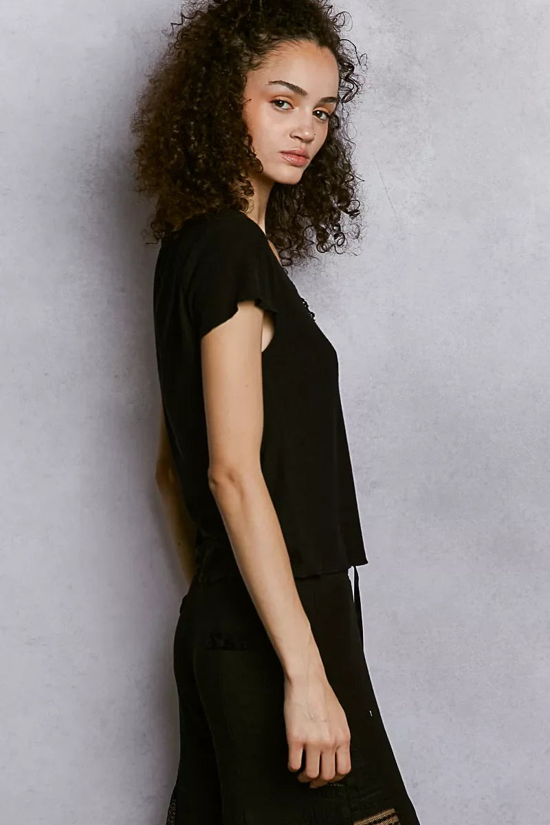 POL Round Neck Short Sleeve Crop T-Shirt with Lace Trim