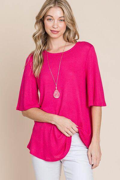 BOMBOM Round Neck Waffle Knit T-Shirt for Cozy Comfort
