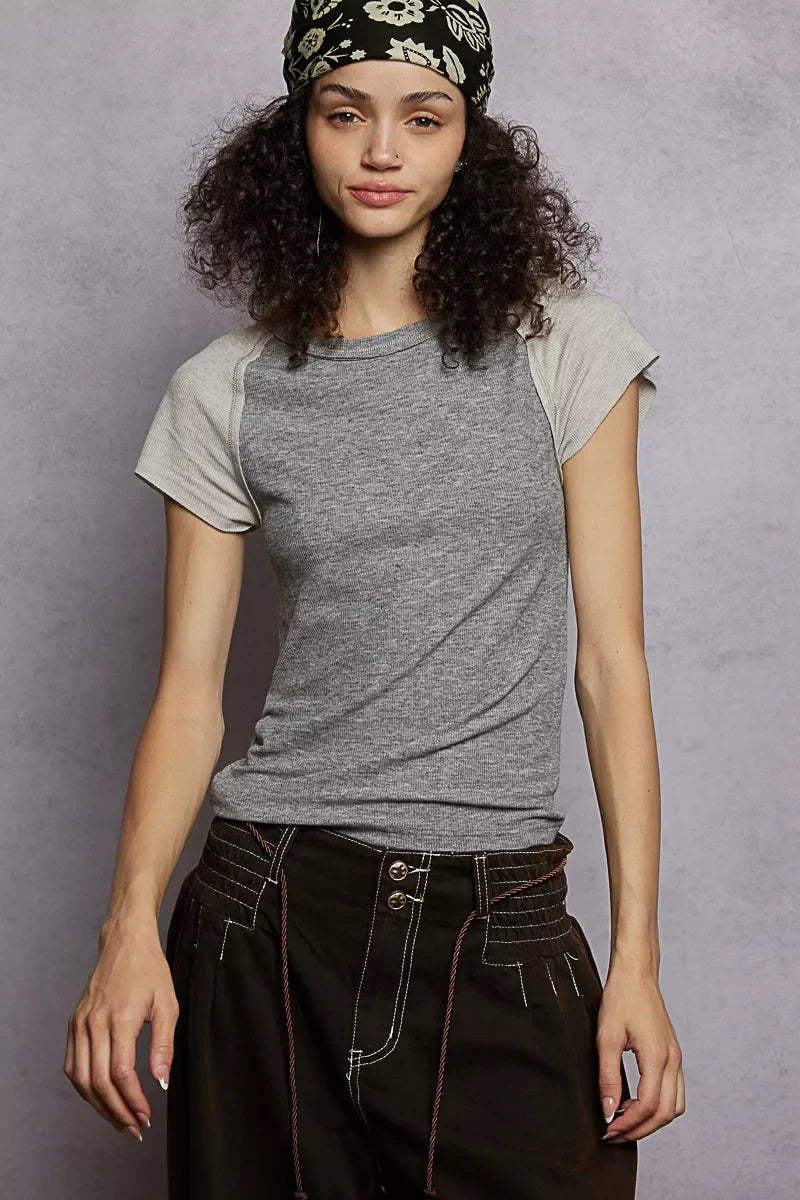 POL Round Neck Outseam Detail T-Shirt with Contrast Color Sleeves