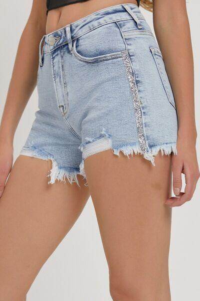 RISEN Full Size High Rise Rhinestone Strap Denim Shorts